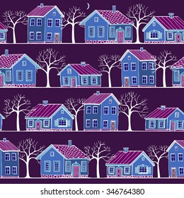 Beautiful Houses set with trees vector seamless pattern.
