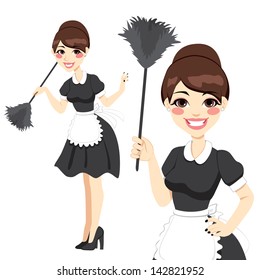 Beautiful housewife in classic maid dress costume holding a feather duster isolated on white background