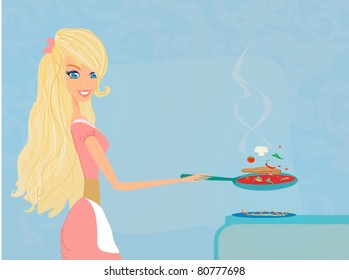 Beautiful housewife cooking