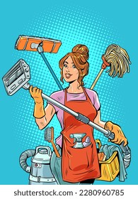 A beautiful housewife girl organizes cleaning and life in her house for the whole family and herself. Multitasking housework for wife.