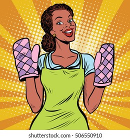 Beautiful housewife mittens for cooking, pop art retro comic book vector illustration