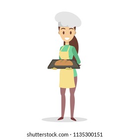 Beautiful housewife in yellow apron standing and holding bread. Baking bread at home. Isolated flat vector illustration