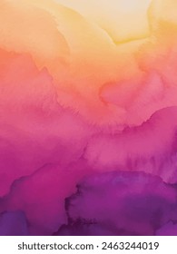 Beautiful hues of yellow gold pink and purple in hand painted watercolor background design with paint bleed and fringing in colorful sunrise or sunset colors in abstract cloudy mountain shapes