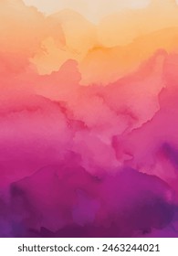 Beautiful hues of yellow gold pink and purple in hand painted watercolor background design with paint bleed and fringing in colorful sunrise or sunset colors in abstract cloudy mountain shapes