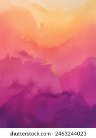 Beautiful hues of yellow gold pink and purple in hand painted watercolor background design with paint bleed and fringing in colorful sunrise or sunset colors in abstract cloudy mountain shapes