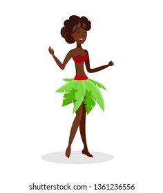 Beautiful Hula Dancer Flat Color Illustration. African American Woman in Exotic Outfit Cartoon Character. Cheerful Polynesian Girl in Bikini and Palm Leaves Skirt. Travel, Tropical Vacation