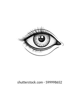 Beautiful human Eye. Dotwork style graphics. Engraving vector illustration for print, tattoo, coloring book, fabric, t-shirt, cloth.