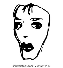 Beautiful human face with bright lips. Portrait of a pretty sad woman with dark lipstick. Hand drawn linear doodle rough sketch. Black and white silhouette.