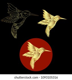 Beautiful Humming bird with flower isolate on black background.golden art humming bird in red circle. Humming bird is smallest animal of the world.