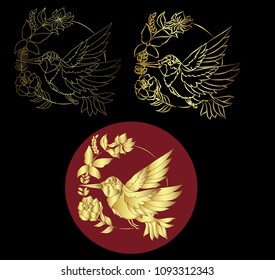 Beautiful Humming bird with flower isolate on black background.golden art humming bird in red circle. Humming bird is smallest animal of the world.