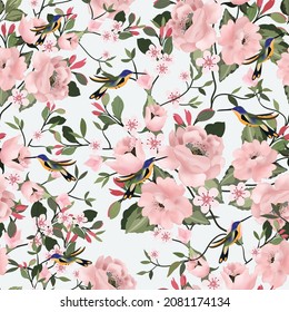 Beautiful humming bird and pink flower seamless pattern