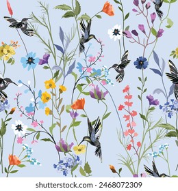 Beautiful humming bird in wild flower forest seamless patten 