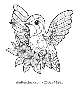 Beautiful Hummingbird on a branch with flowers. Black and white linear drawing. For the design of coloring books, prints, posters, cards, stickers, puzzles, etc. Vector