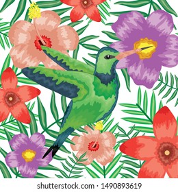 beautiful hummingbird with tropical floral decoration