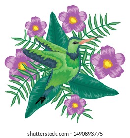 beautiful hummingbird with tropical floral decoration