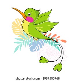 Hermoso colibrí y hojas tropicales. Ilustración de dibujos animados. Animales divertidos de verano