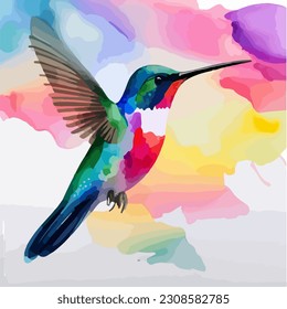 Beautiful hummingbird, watercolor dye painting, vector EPS 10 illustration