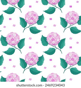 Beautiful hydrangea flower with green leaves branches seamless background pattern, vector