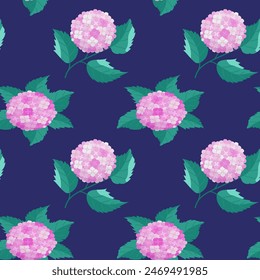 Beautiful hydrangea flower with green leaves branches seamless background pattern, vector