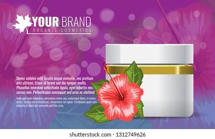 Beautiful hydrating facial cream with tropic flower and leaf mock up. Cosmetic advertisement template. Vector illustration.