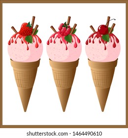 Beautiful ice cream with strawberry, raspberry and cherry. Vector illustration.
