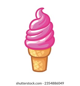 Hermoso helado en una taza de gofre sobre un fondo blanco. Ilustración vectorial con postre al estilo de las caricaturas.