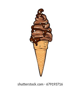 Beautiful ice cream in a waffle horn. Vector illustration for a postcard or a poster, print for clothes. A realistic drawing.