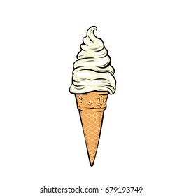 Beautiful ice cream in a waffle horn. Vector illustration for a postcard or a poster, print for clothes. A realistic drawing.