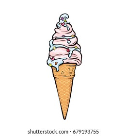 Beautiful ice cream in a waffle horn. Vector illustration for a postcard or a poster, print for clothes. A realistic drawing.