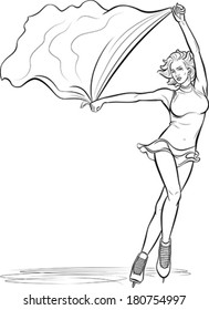 Beautiful ice-skating performer with a flag in her hands. Editable vector illustration.