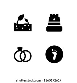 beautiful icon. 4 beautiful set with barefoot, wedding rings couple, beach and bud vector icons for web and mobile app