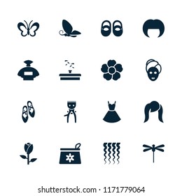 Beautiful icon. collection of 16 beautiful filled icons such as rose, baby shoes, perfume, woman hairstyle, make up bag, spa mask. editable beautiful icons for web and mobile.