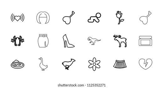 Beautiful icon. collection of 18 beautiful outline icons such as moose, antelope, beetle, woman shoe, flower, heart, skirt. editable beautiful icons for web and mobile.