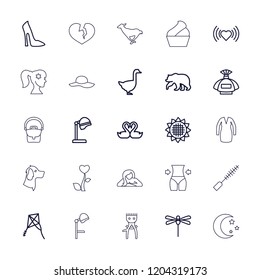 Beautiful icon. collection of 25 beautiful outline icons such as sunflower, bear, goose, perfume, salon hair dryer, woman shoe. editable beautiful icons for web and mobile.