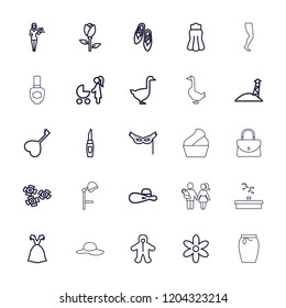 Beautiful icon. collection of 25 beautiful outline icons such as rose, goose, baby, flower, lipstick, casino girl, skirt, dress. editable beautiful icons for web and mobile.