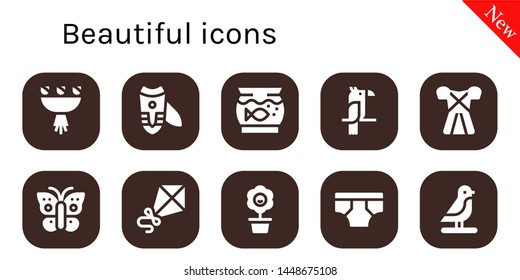 beautiful icon set. 10 filled beautiful icons.  Simple modern icons about  - Bouquet, Nail clippers, Aquarium, Parrot, Dress, Butterfly, Kite, Flower, Underwear, Bird