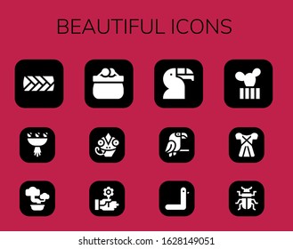 beautiful icon set. 12 filled beautiful icons. Included Plait, Bouquet, Bonsai, Purse, Chameleon, Flower, Toucan, Parrot, Duck, Cactus, Dress, Beetle icons