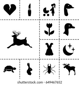 Beautiful icon. set of 13 filled beautifulicons such as goose, moose, deer, rabbit, turtle, beetle, lipstick, dress, flower, moon and stars, woman with baby carriage