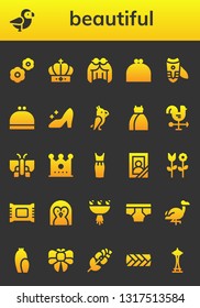 beautiful icon set. 26 filled beautiful icons.  Simple modern icons about  - Flowers, Bird, Crown, Wig, Purse, Nail clippers, Cinderella, Parrot, Dress, Cock, Butterfly, Portrait
