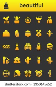 beautiful icon set. 26 filled beautiful icons.  Collection Of - Cactus, Bouquet, Dress, Purse, Rabbit, Bow, Plait, Wig, Penguin, Medusa, Bamboo, Gnosticism, Butterfly, Panda bear