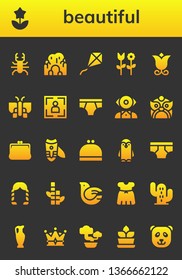 beautiful icon set. 26 filled beautiful icons.  Collection Of - Beetle, Flower, Cave, Kite, Butterfly, Portrait, Underwear, Mentalist, Dragon, Purse, Nail clippers, Penguin, Hairstyle