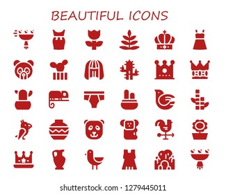  beautiful icon set. 30 filled beautiful icons. Simple modern icons about  - Bouquet, Dress, Flower, Fern, Crown, Panda bear, Cactus, Wig, Chameleon, Underwear, Dove, Bamboo, Parrot