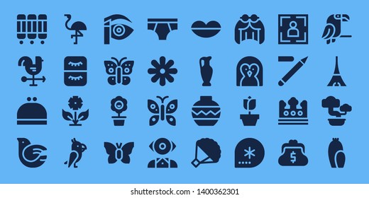 beautiful icon set. 32 filled beautiful icons. on blue background style Collection Of - Room divider, Cock, Purse, Dove, Flamingo, Eyelash, Flower, Parrot, Eyebrow pencil, Butterfly