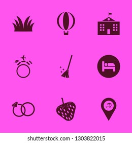 beautiful icon set with bed, traveling by car plane ship and wedding rings vector illustration