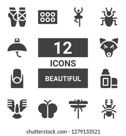 beautiful icon set. Collection of 12 filled beautiful icons included Beetle, Dragon fly, Butterfly, Dove, Lip balm, Nails, Wolf, Eyeshadow, Manta ray, Ballet, Dancer