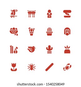 Beautiful Icon Set. Collection Of 16 Filled Beautiful Icons Included Scorpion, Nail File, Beetle, Tulip, Cactus, Dove, Penguin, Nest, Bonsai, Bust, Torii Gate, Parrot