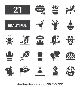 beautiful icon set. Collection of 21 filled beautiful icons included Dove, Flower pot, Doi suthep, Mascara, Parrot, Pearl, Heart balloon, Cactus, Kite, Deer, Toucan, Dress, Beetle