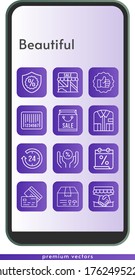 beautiful icon set. included calendar, handshake, shopping bag, 24-hours, package, shop, shirt, like, warranty, discount, credit card, barcode icons on phone design background . linear styles.
