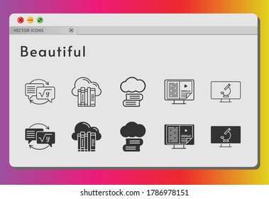 bonito conjunto de iconos. incluyeron nube, biblioteca en la nube, ebook, tarea, iconos de microscopio en fondo blanco. estilos lineales y llenos.