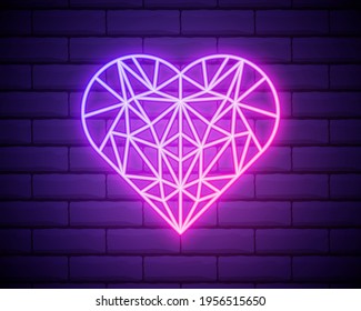 Beautiful icon with shiny pink low poly heart shape on brick wall background.